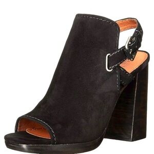 NIB Womens Frye Karissa Shield Sling Black Suede Peep Toe Bootie 8.5